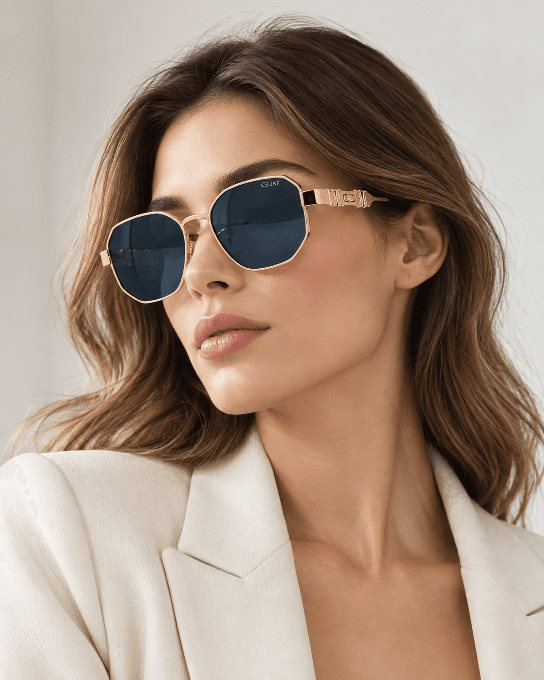 Lentes Celine en color dorado / cristales oscuros, en uso