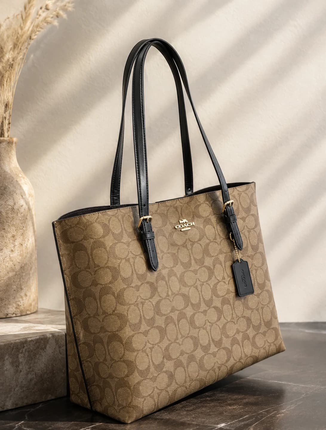 Tote Coach beige de la colección Fernanda Stone, fotografía real del producto