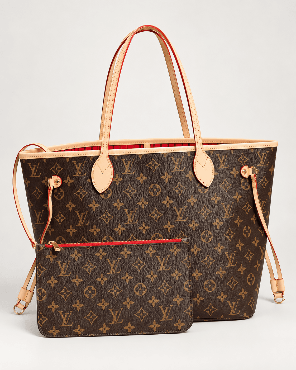 Louis Vuitton Tote Neverfull + Pouch en color marrón, vista frontal