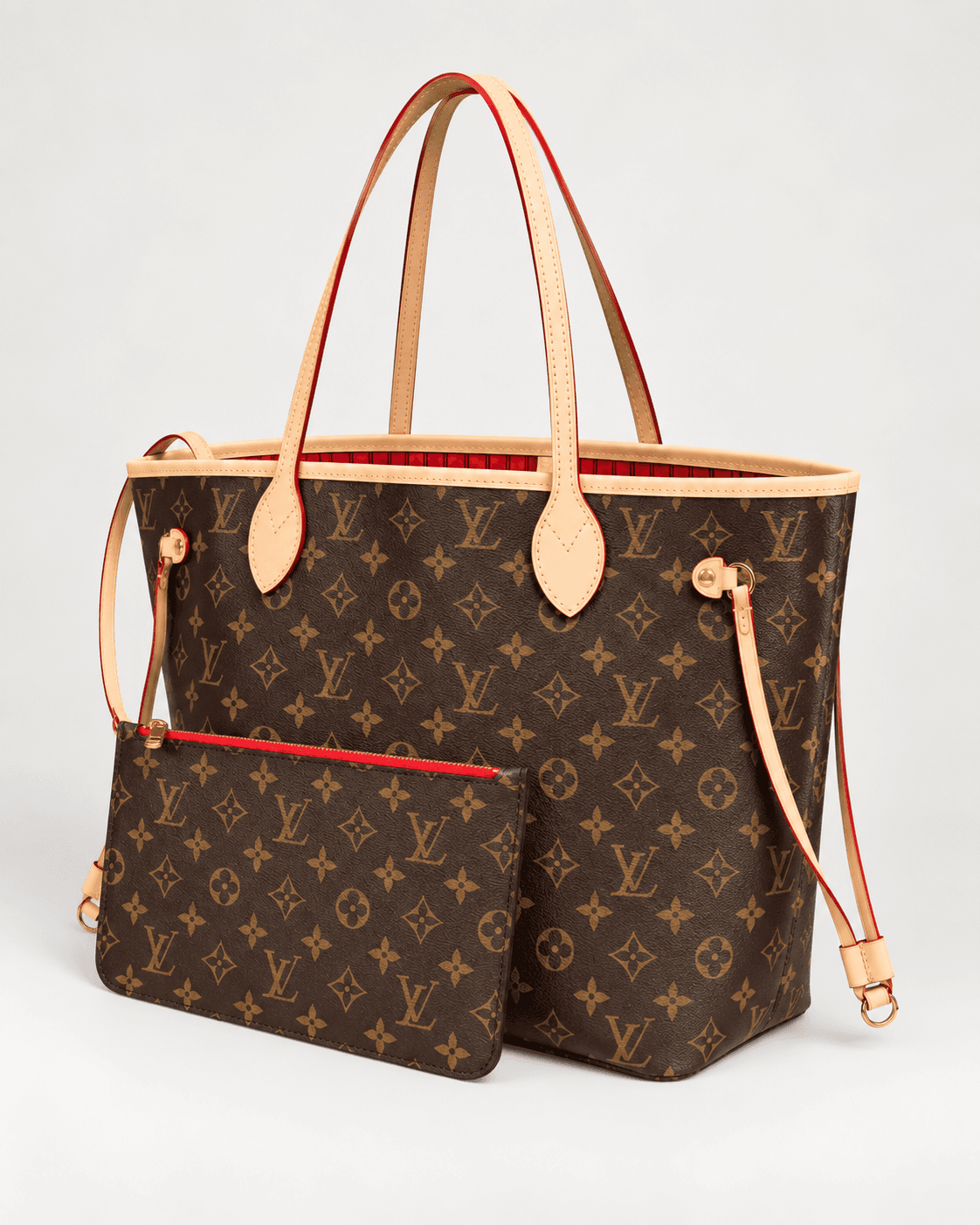 Louis Vuitton Tote Neverfull + Pouch en color marrón, vista lateral